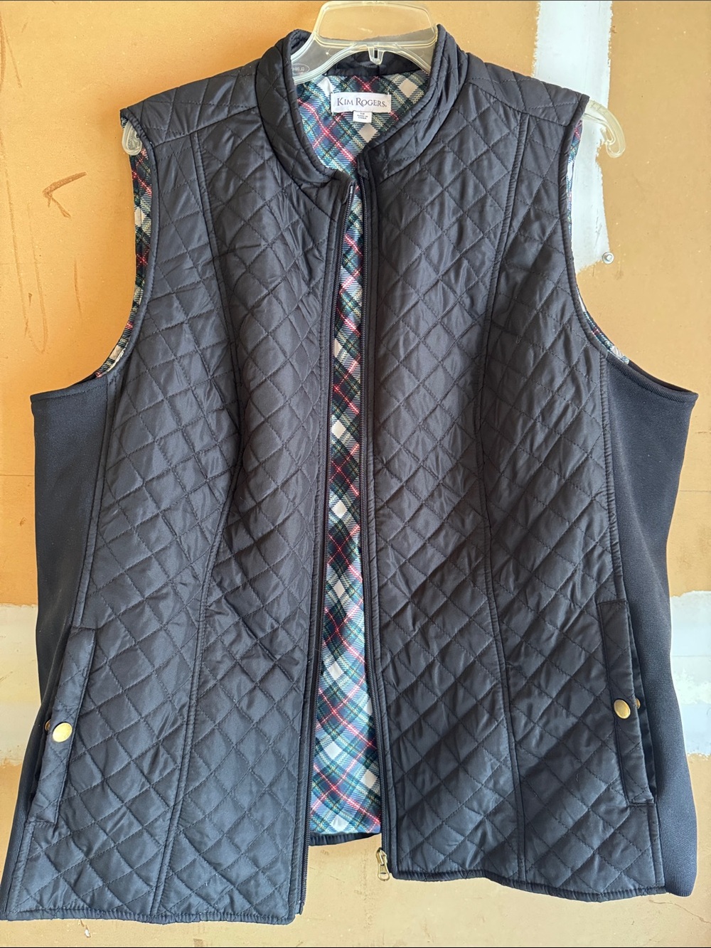 Kim Rogers Black Quilted Vest with Plaid Trim